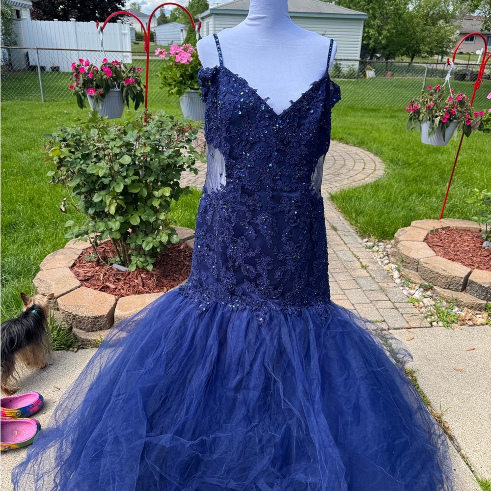 Mori Lee Blue Spaghetti Strap V-Neck Prom Gown